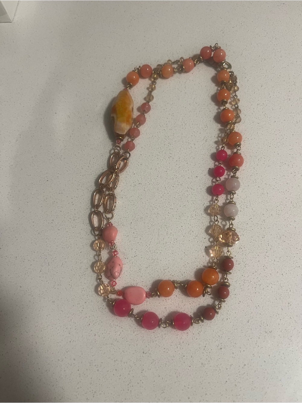 Pink & Orange Layered Beaded Necklace with Gold-Tone Chain